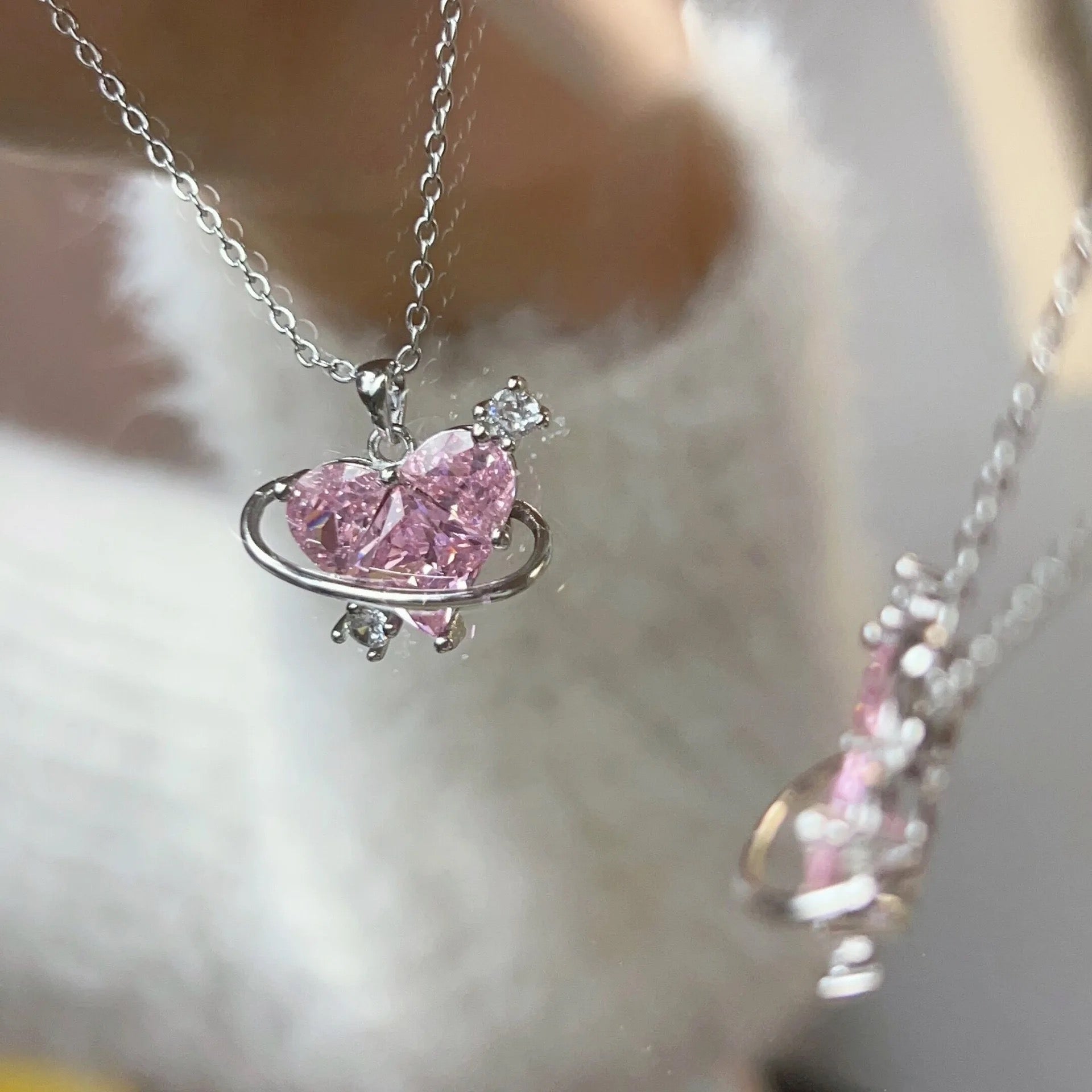 Pink Planet Heart Necklace
