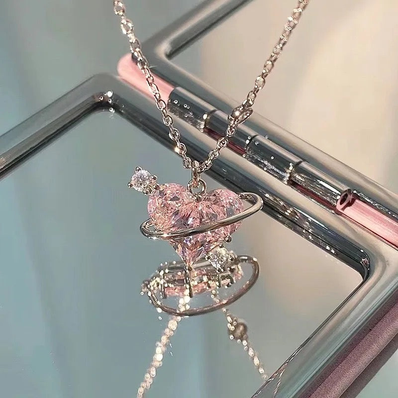 Pink Planet Heart Necklace
