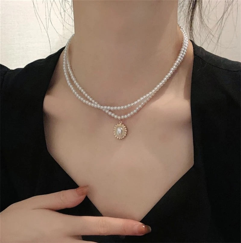 Double Layers Pearl Chain Choker Necklace