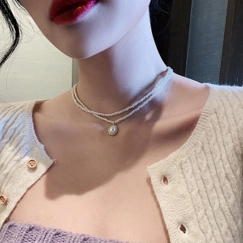 Double Layers Pearl Chain Choker Necklace