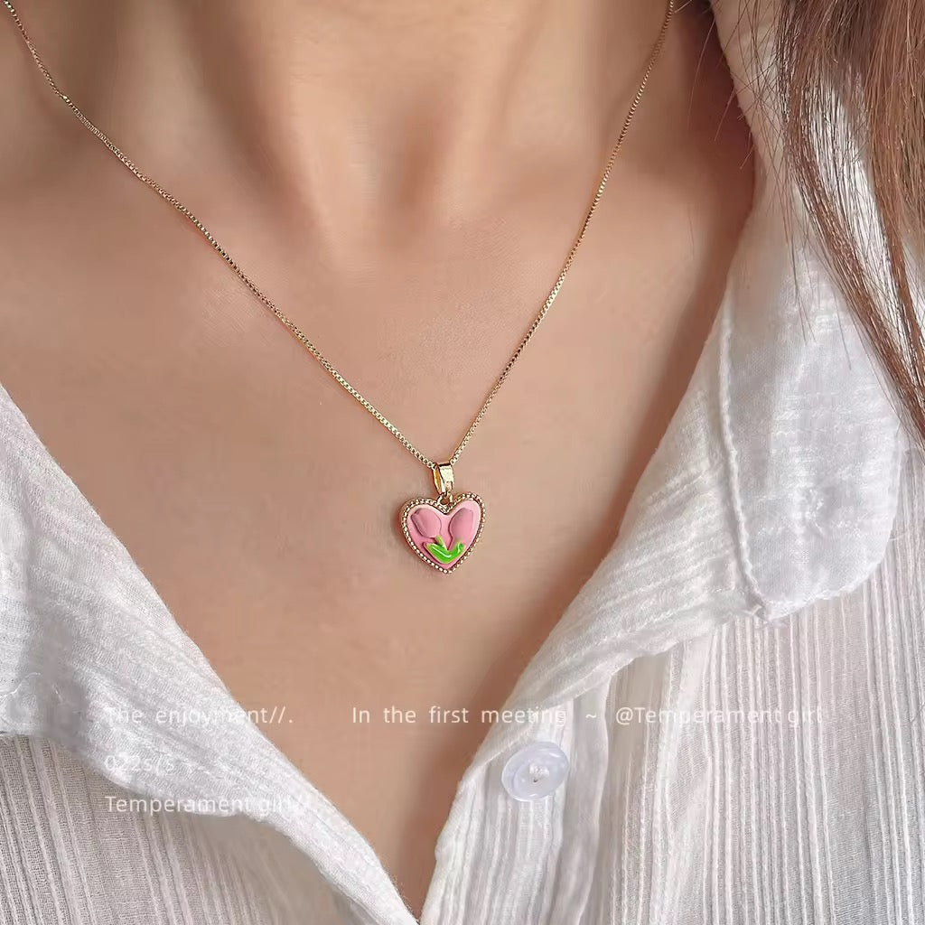 Heart Cute Pink Flower Necklace