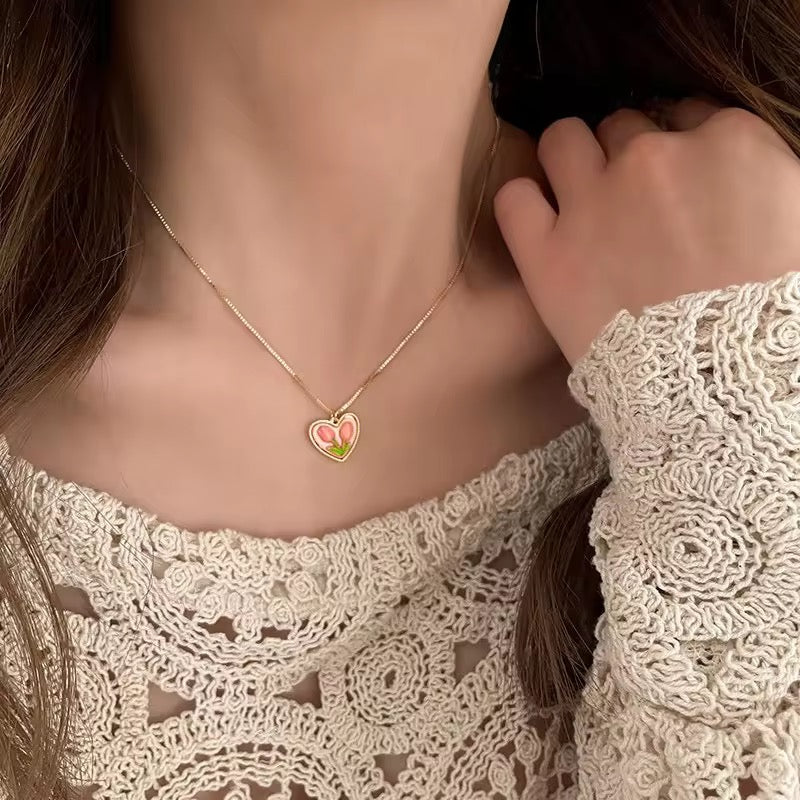 Heart Cute Pink Flower Necklace