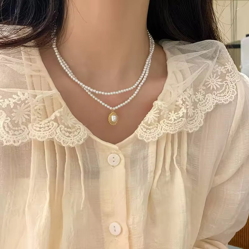 Double Layers Pearl Chain Choker Necklace
