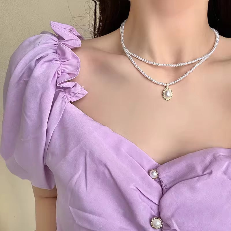 Double Layers Pearl Chain Choker Necklace