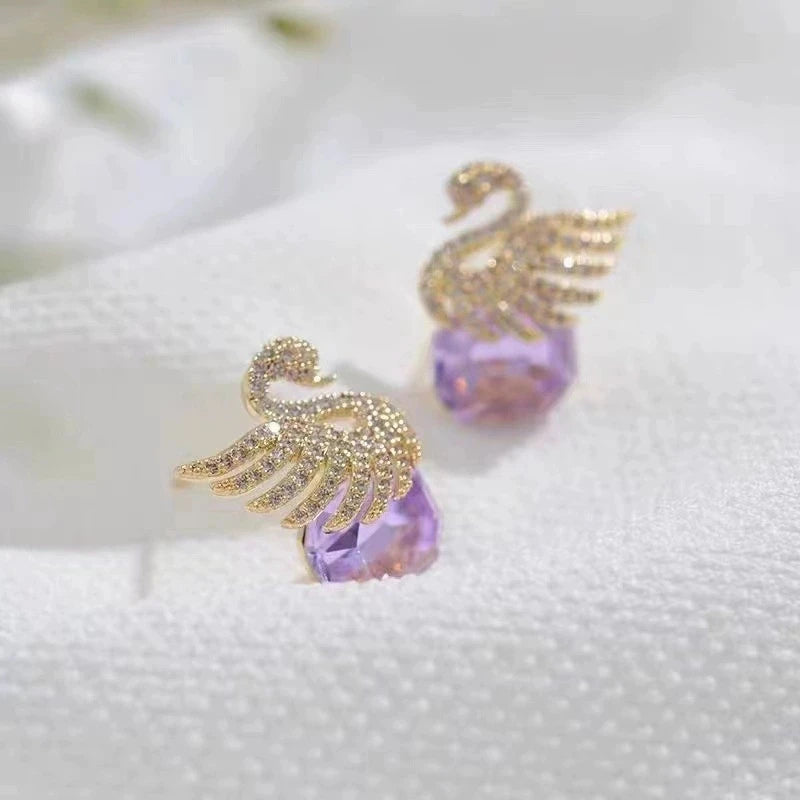 Purple Crystal Swan Earrings