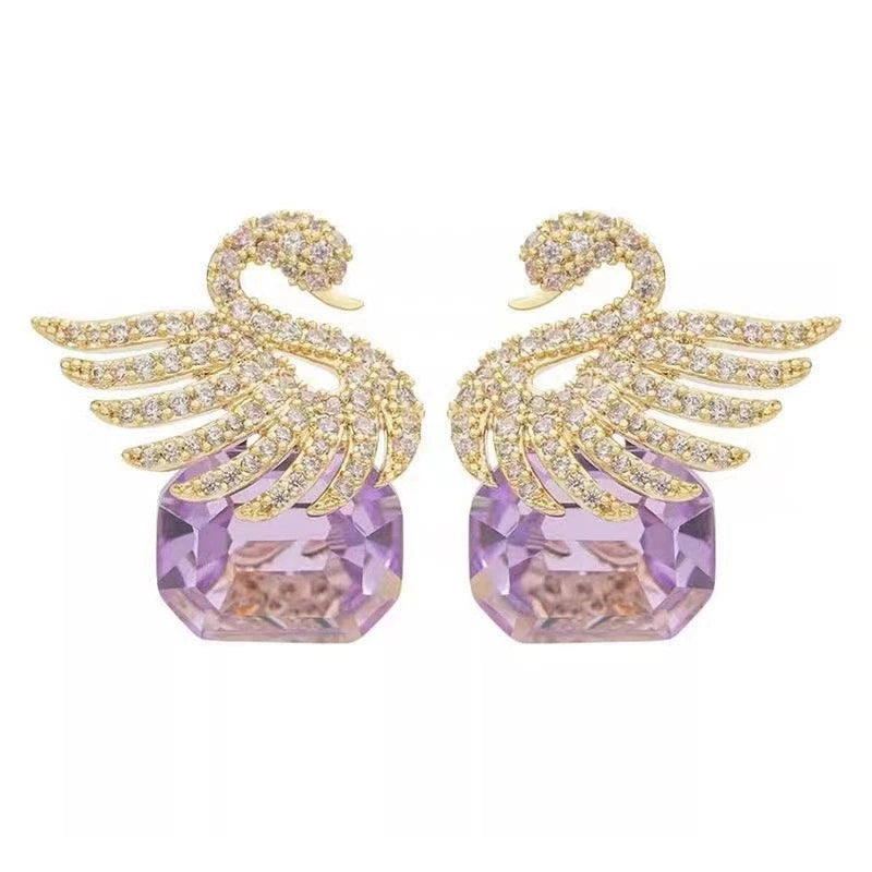 Purple Crystal Swan Earrings