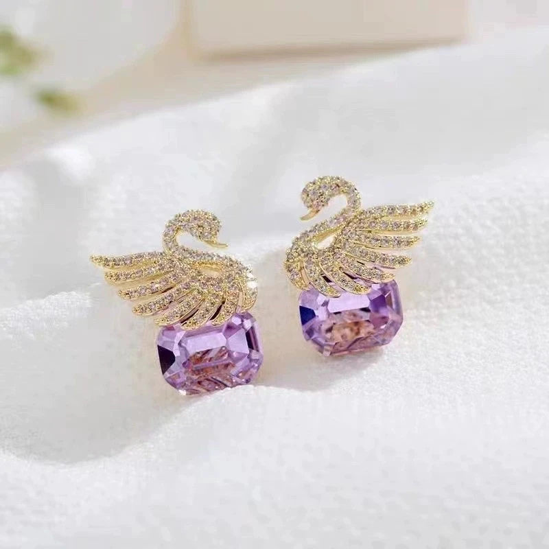 Purple Crystal Swan Earrings