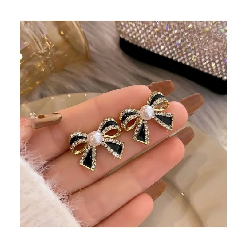 Black Diamond Pearl Bow Earrings