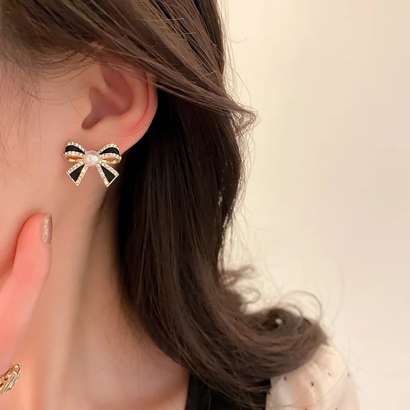 Black Diamond Pearl Bow Earrings