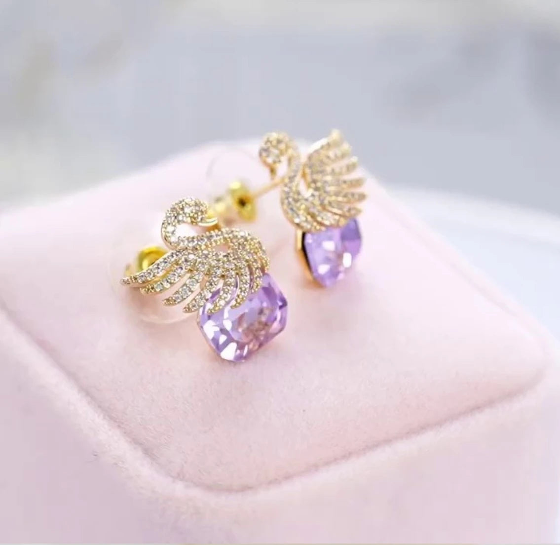 Purple Crystal Swan Earrings