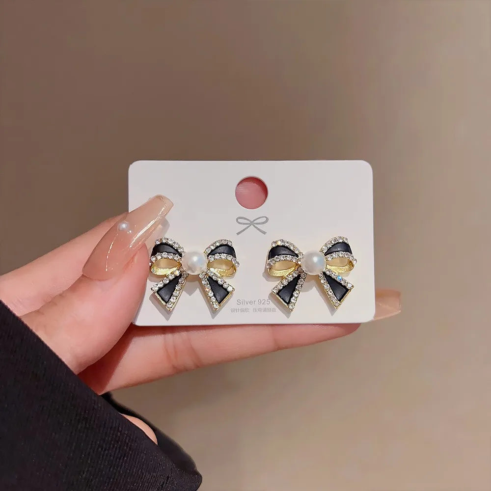 Black Diamond Pearl Bow Earrings