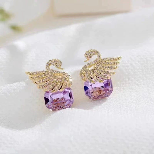 Purple Crystal Swan Earrings