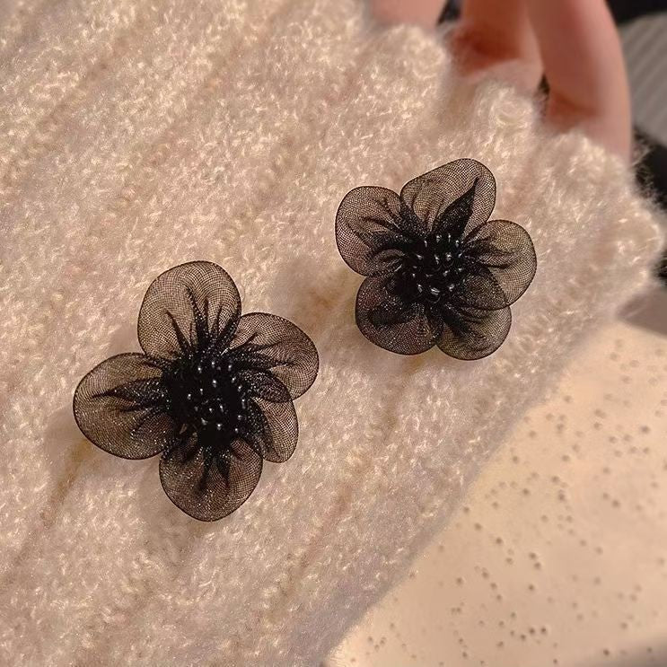 Korean Black Petal Lace Earrings