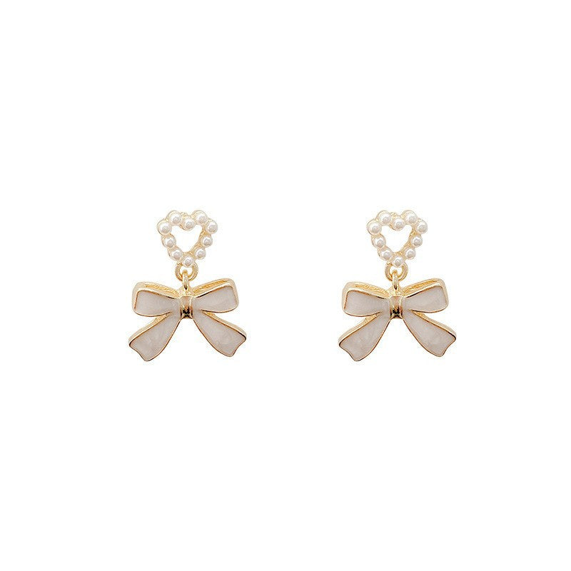 Bow Pearl Heart Stud Earrings