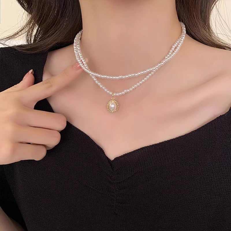 Double Layers Pearl Chain Choker Necklace