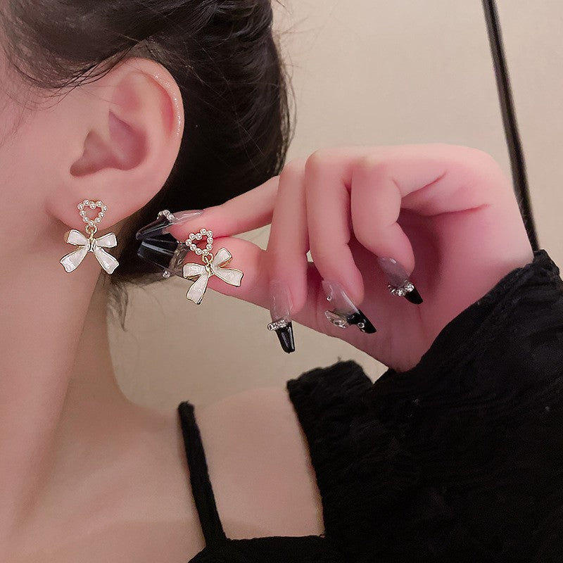 Bow Pearl Heart Stud Earrings