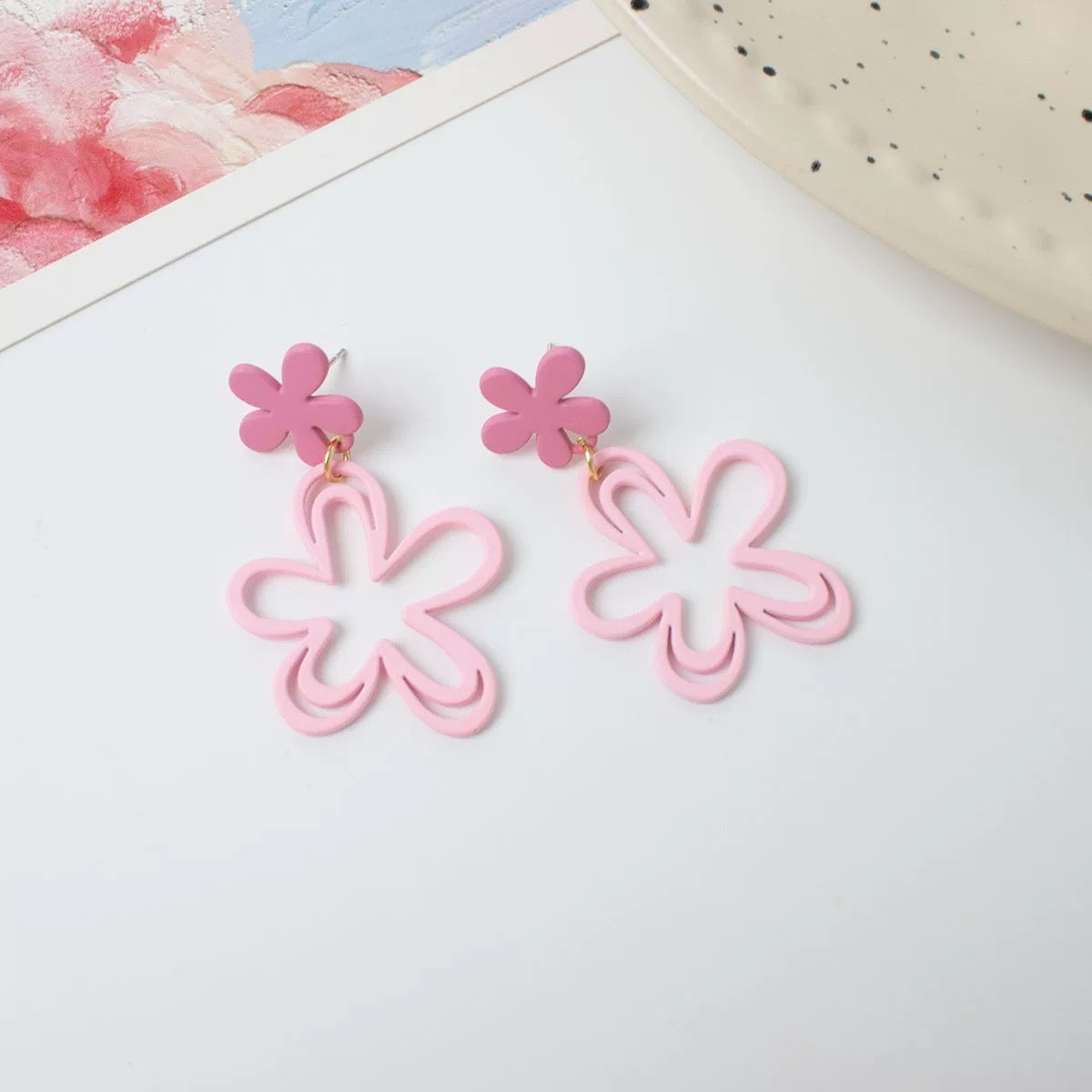 Pink Hollowed-out Flower Earrings