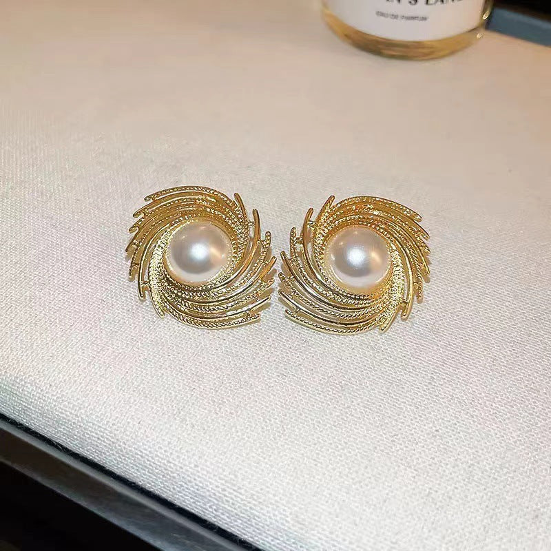 Metallic Textured Pearl Stud Earrings