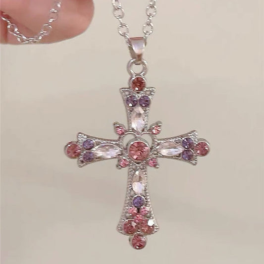 Pink Purple Love Heart Cross Necklaces