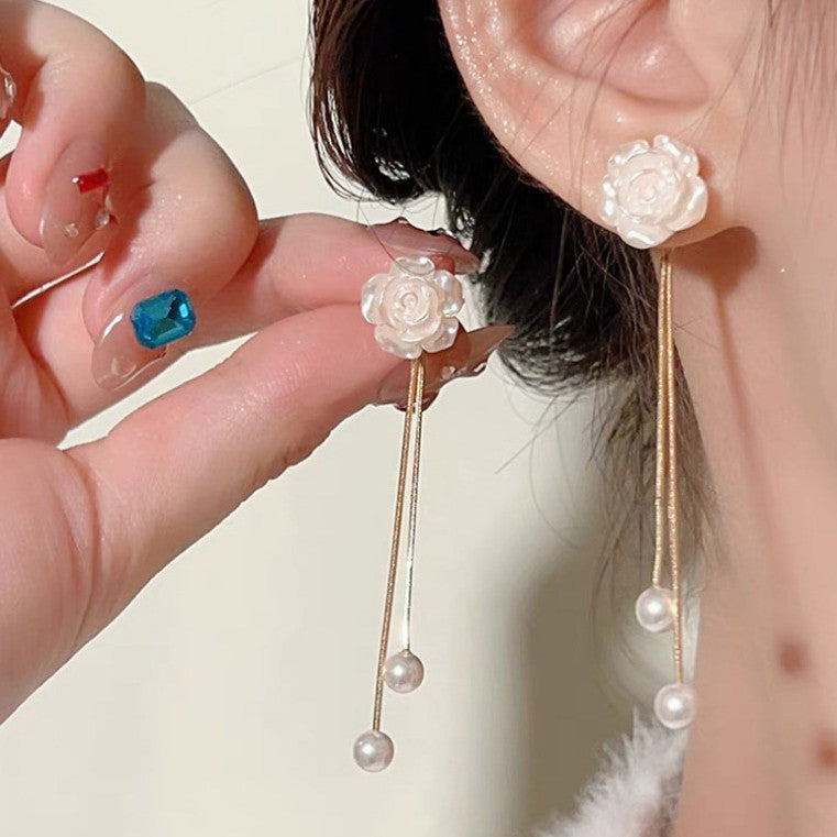 White Flower Tassel Earrings