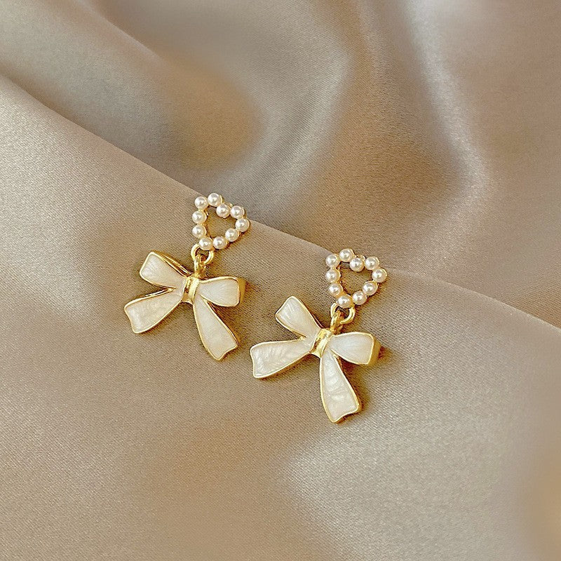 Bow Pearl Heart Stud Earrings
