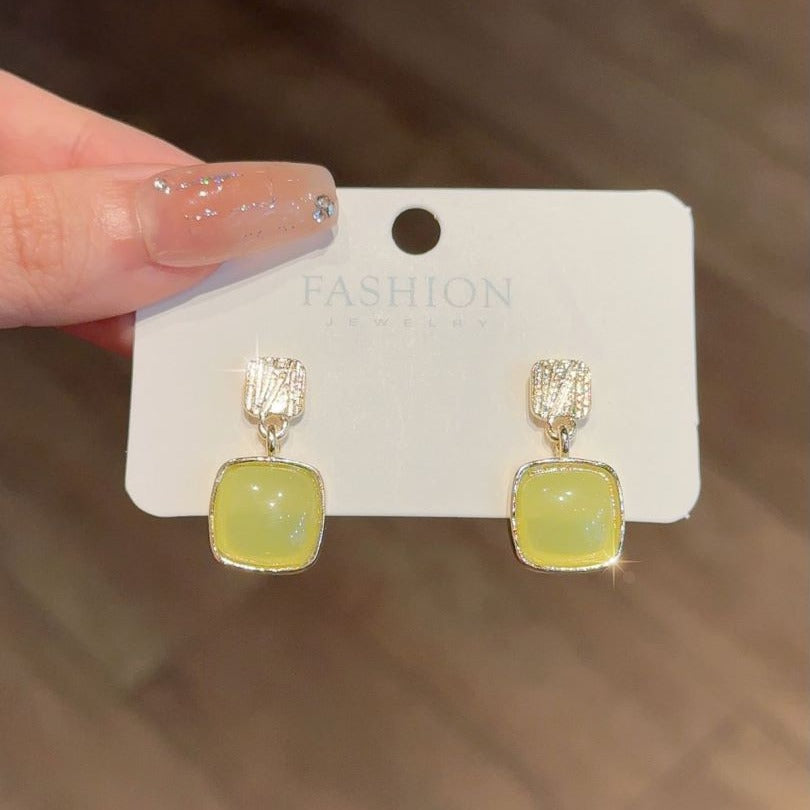 Square Hetian Jade Drop Earrings