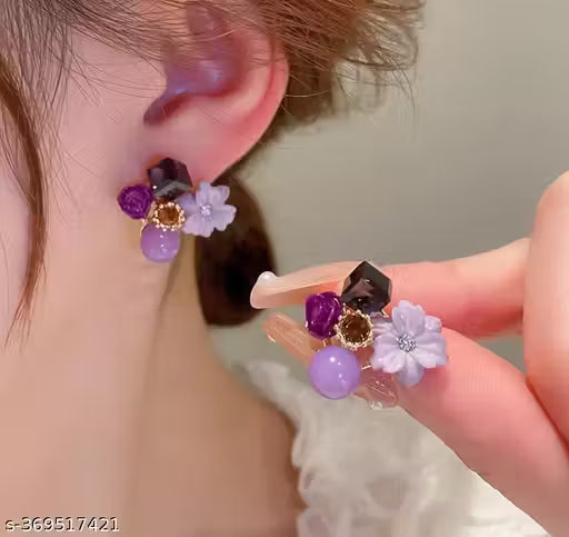 Purple Crystal Flower Stud Earrings